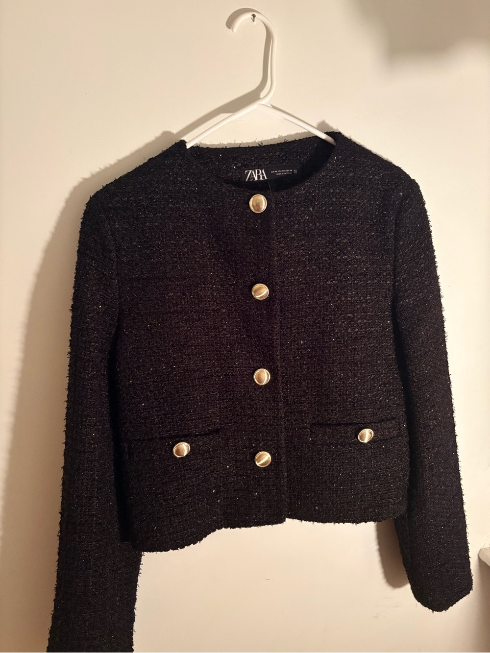 Zara Black Tweed Cropped Jacket with Gold Buttons